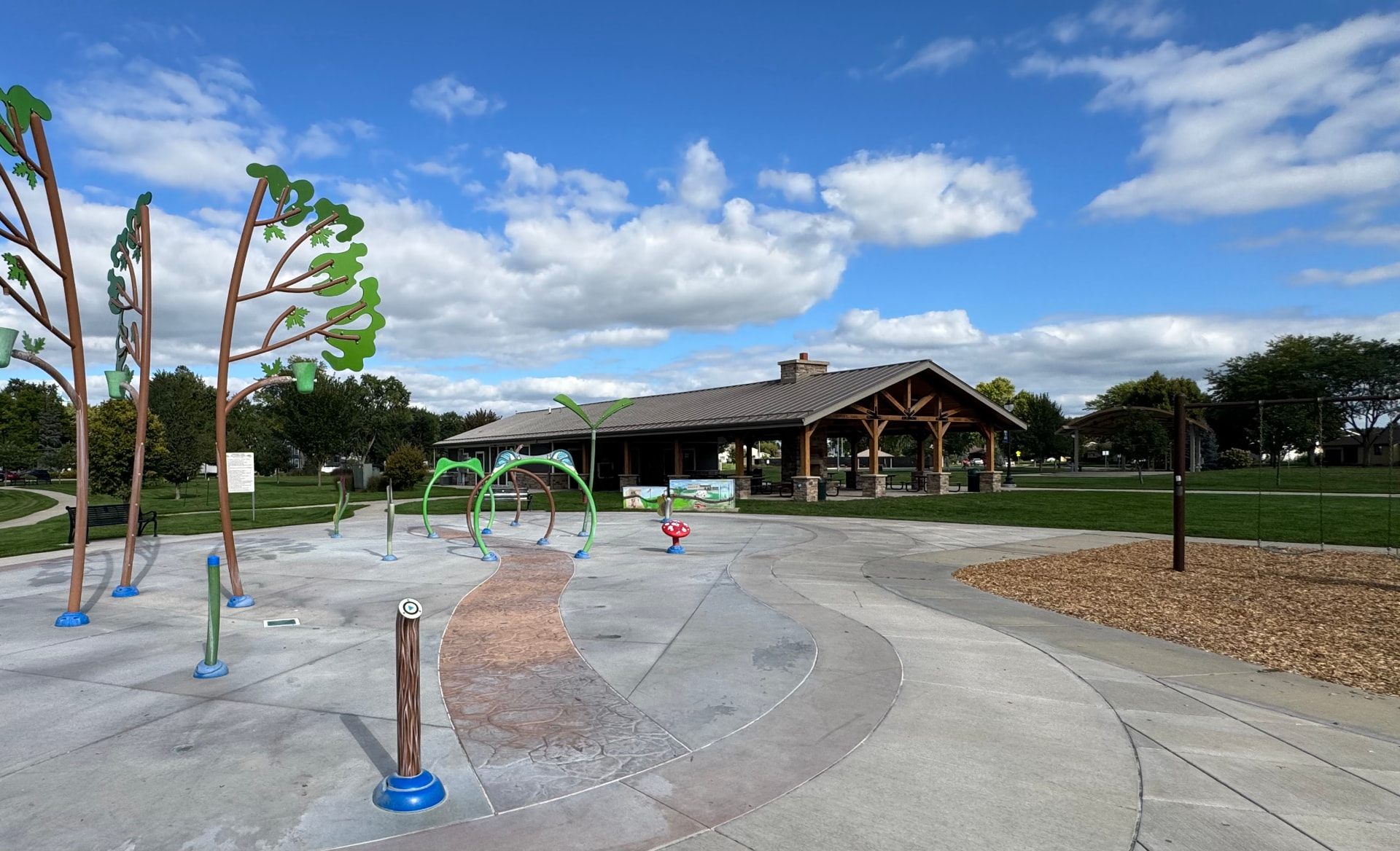 The splash pad and pavilion at Fireman's Park in DeForest, WI
