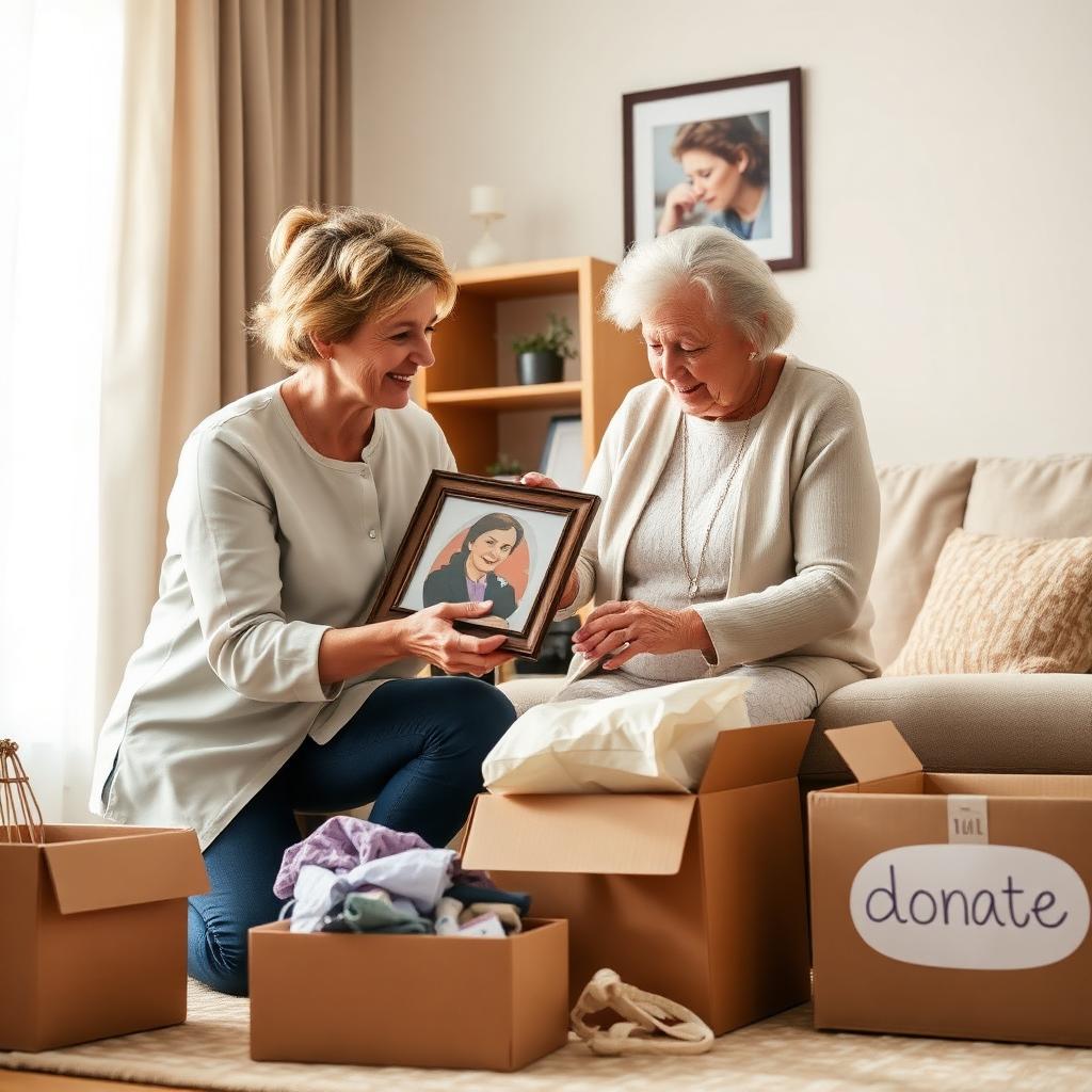 A caregiver assisting a senior while sorting and organizing belongings during downsizing in Sun Prairie, WI